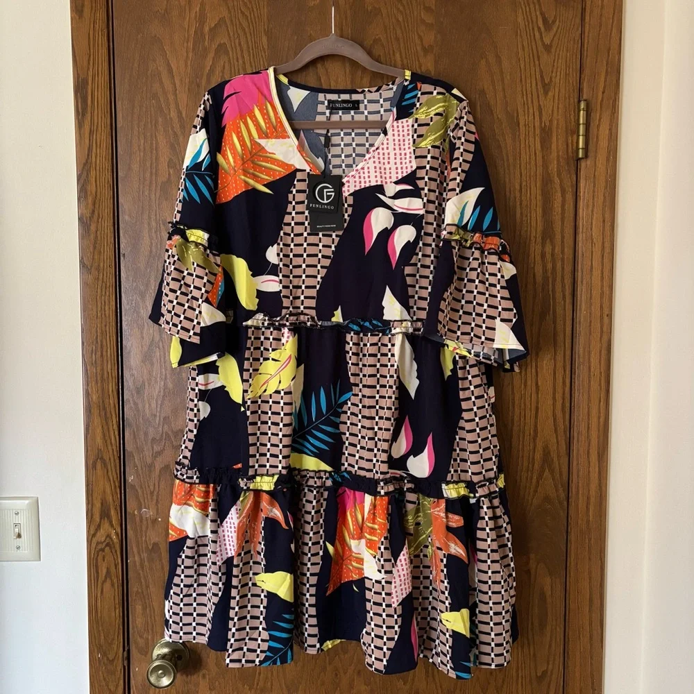 Funlingo Flowy Tunic Mini Short Sleeve V Neck Swing A-line Knee Length Dress - Picture 2 of 5
